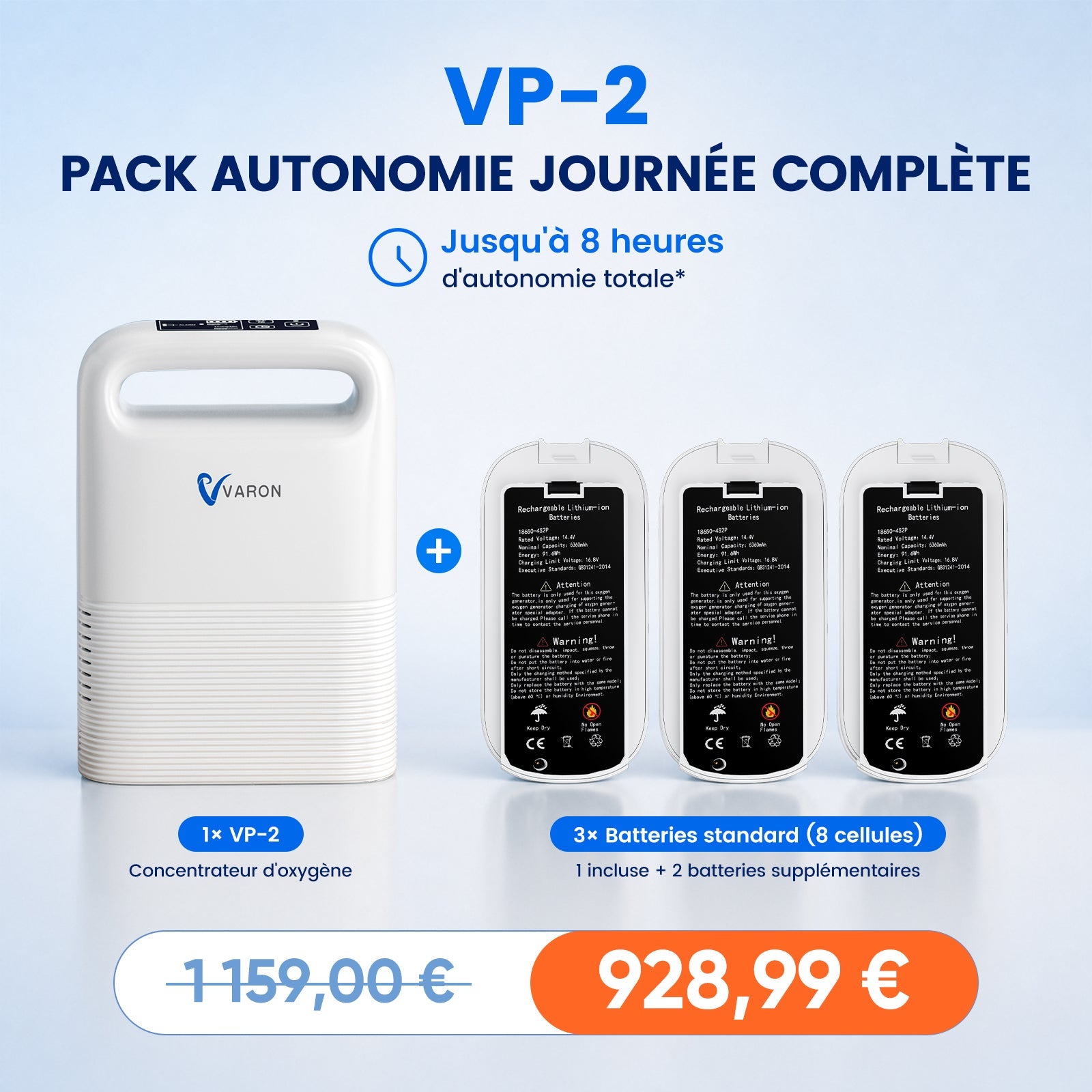 Pack VARON VP-2 – Concentrateur d'oxygène mobile avec 2 batteries supplémentaires pour une autonomie totale de 8 heures. VARON-FR