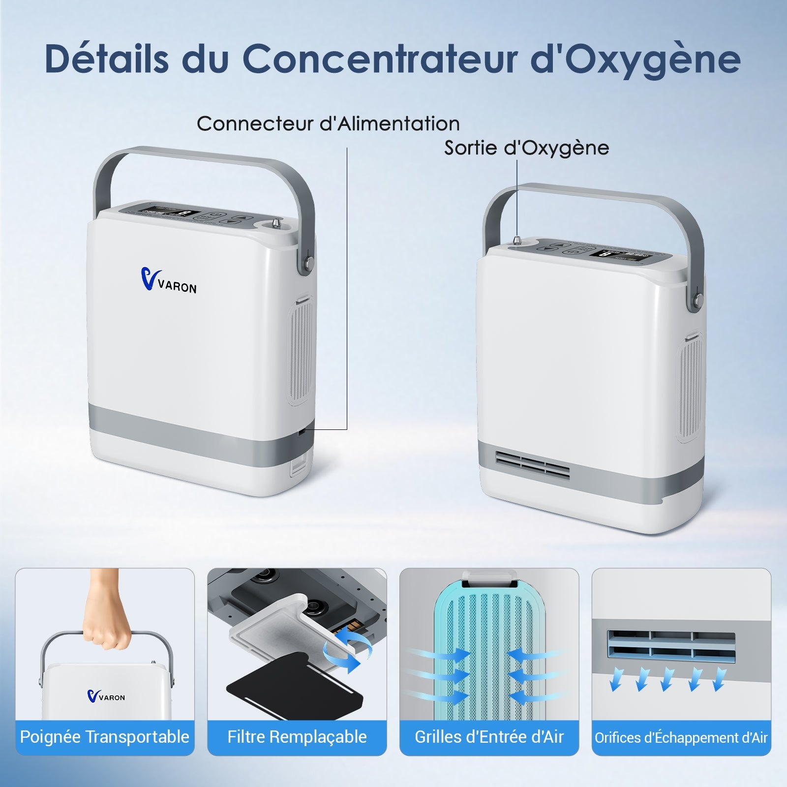 VARON VP-8G | Concentrateur Oxygen Portable Pulsé - 93% Pureté - Autonomie Étendue VARON-FR