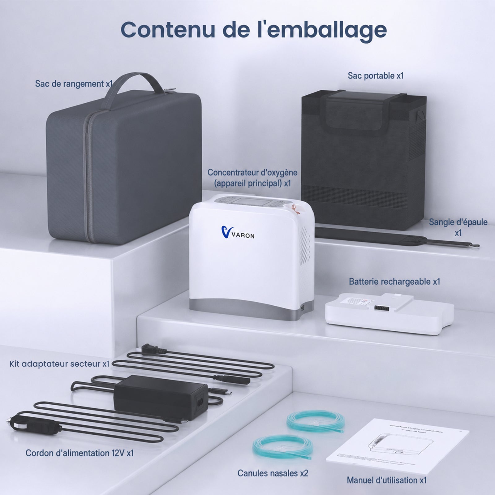 VARON VP-8 Lite | Concentrateur d’oxygène portable 2 kg à débit pulsé (1–7 niveaux) VARON-FR