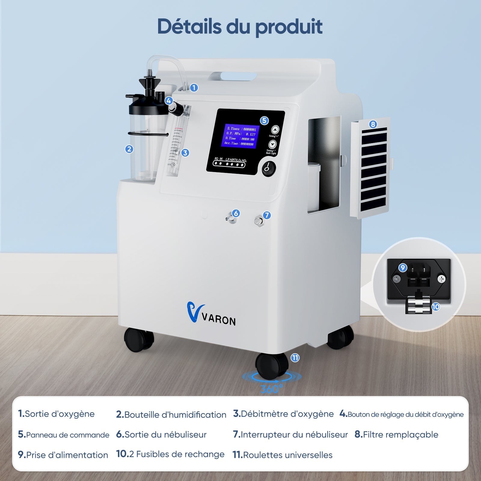 FDA Concentrateur d'oxygène VARON Serene 5 5L-Certification CE, 72H de fonctionnement VARON