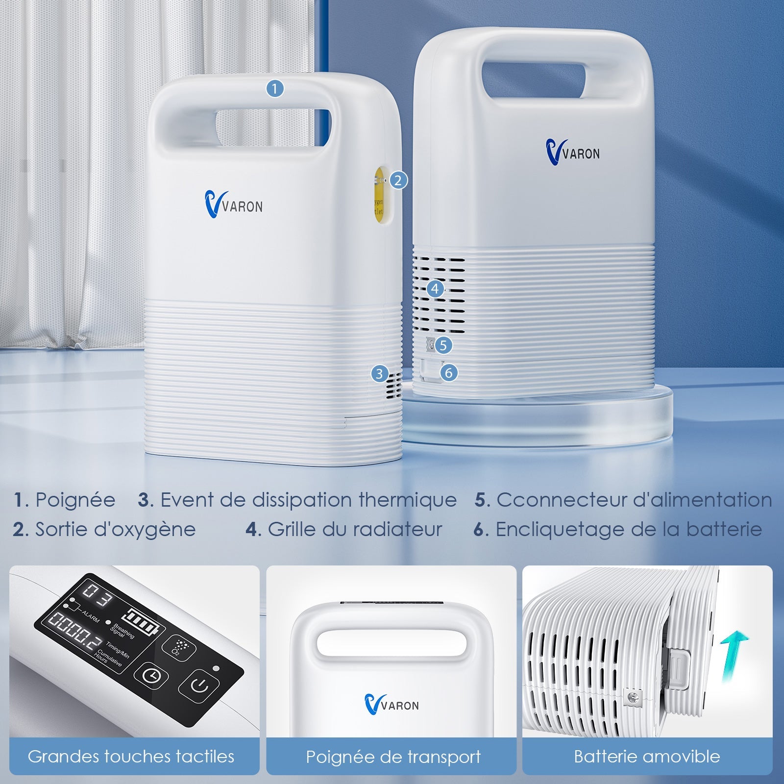 VARON VP-2 Pulse Concentrateur d'oxygène portable - 93% d'oxygène, batterie longue durée, certifié CE VARON