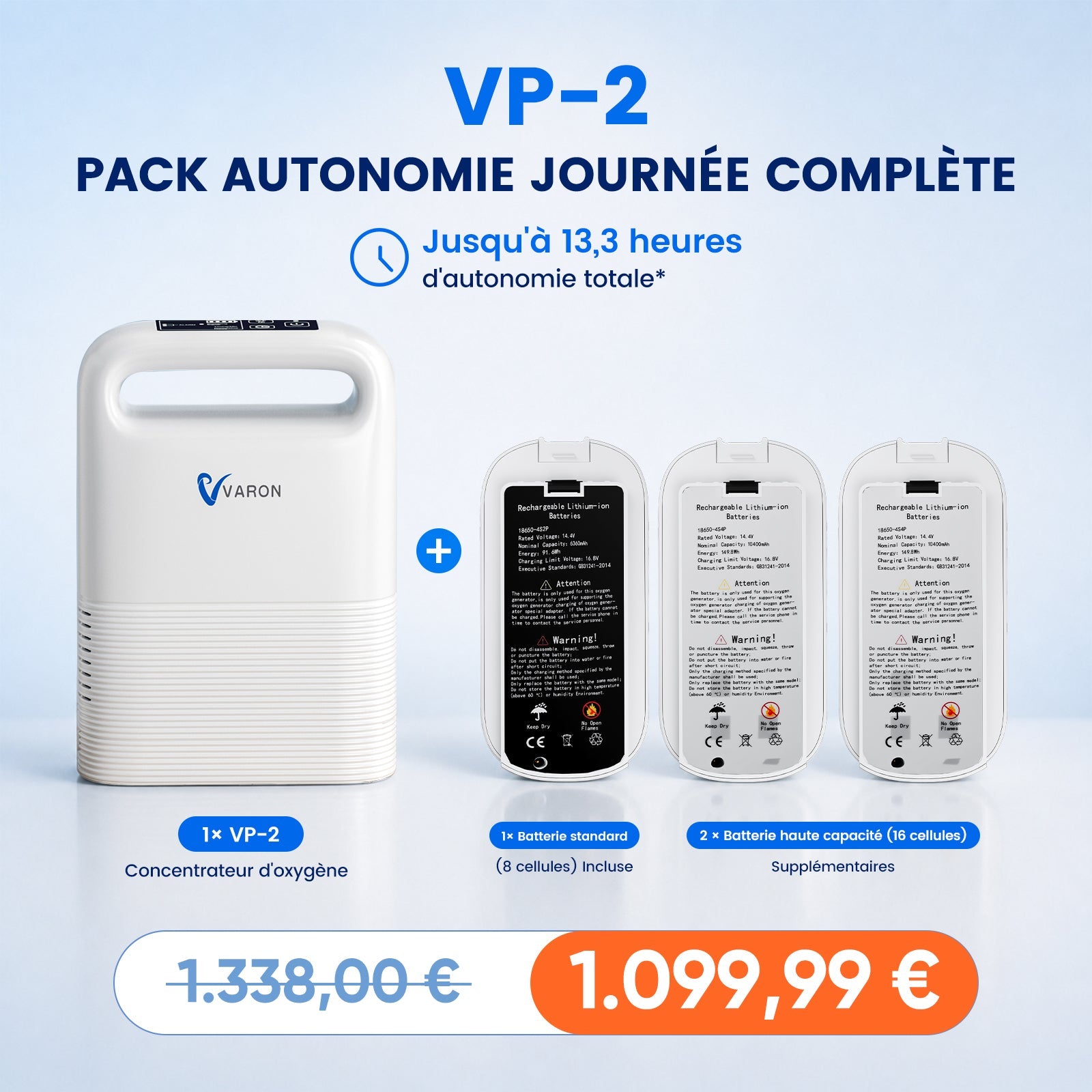 Pack VARON VP-2 – Concentrateur d'oxygène mobile avec 2 batteries supplémentaires pour une autonomie totale de 8 heures. VARON-FR