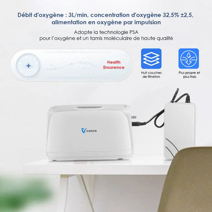 VARON VL-1 Concentrateur d'oxygène portable en continu, jusqu'à 93% de concentration d'oxygène