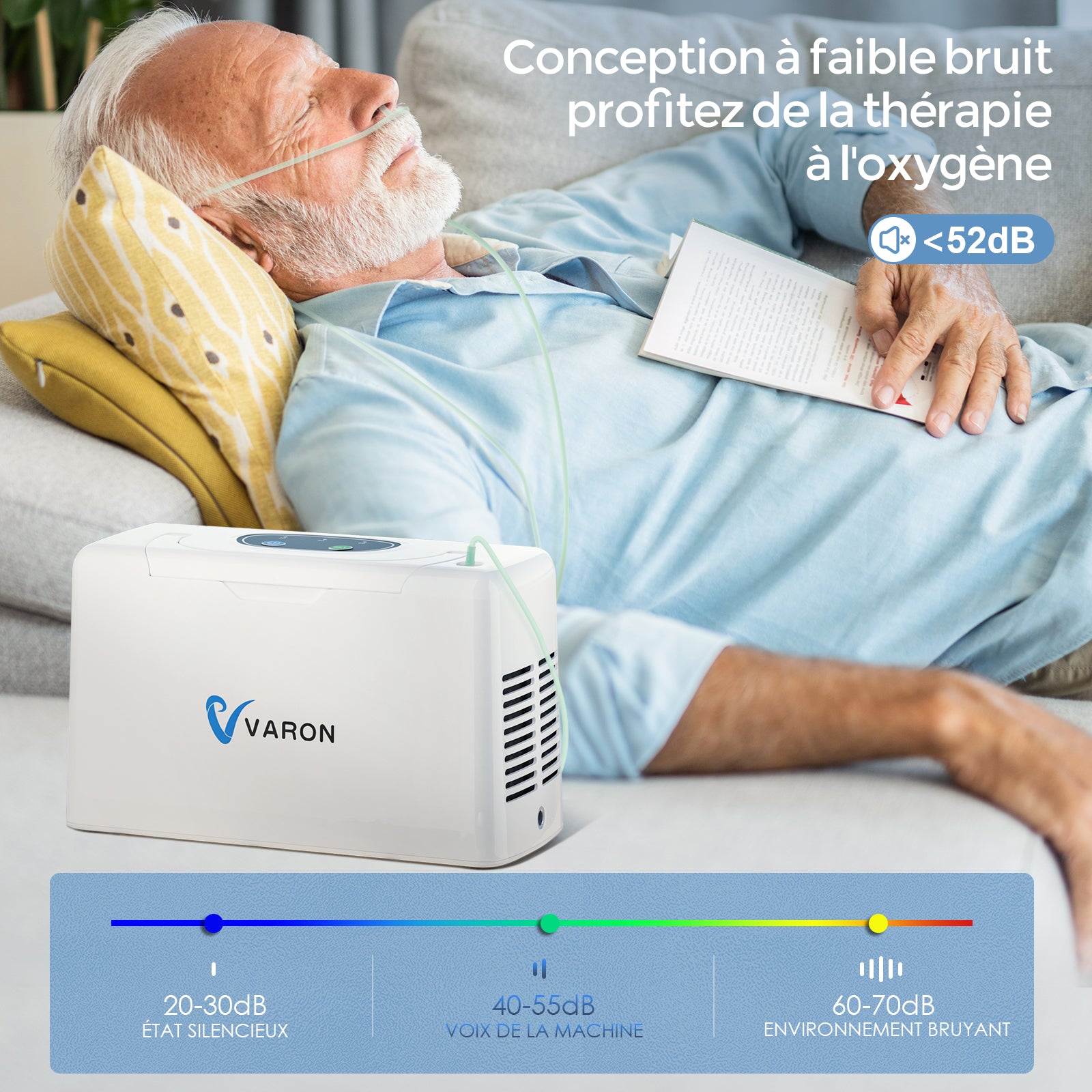 Dormir avec le concentrateur d'oxygène VARON VL-2 pour une assistance respiratoire nocturne silencieuse et continue