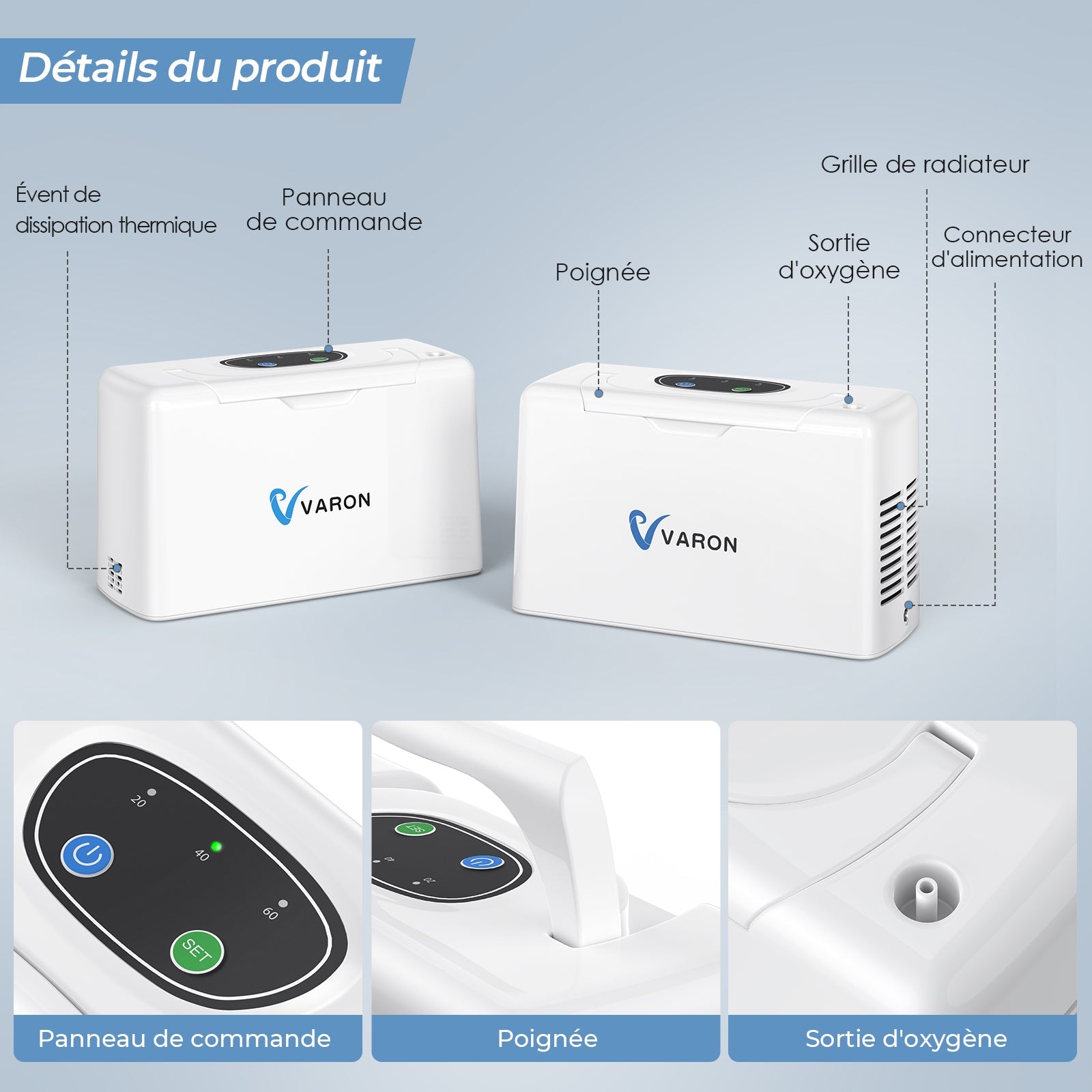 VARON VL-2 Light Concentrateur d'oxygène portable continu 3L/min, certifié CE VARON