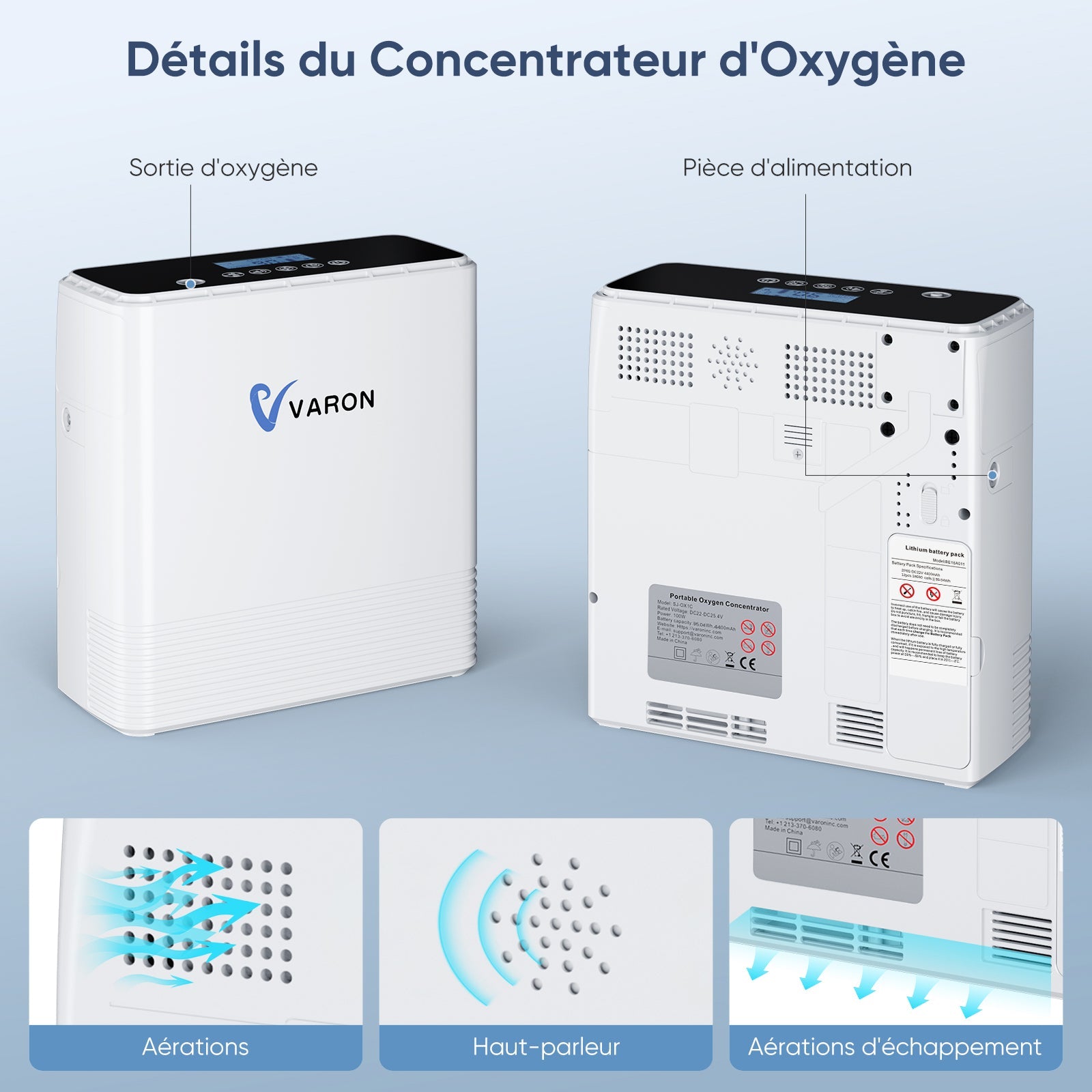 VARON VP-6 Concentrateur d'oxygène portable en continu - 6 Niveaux de Réglage, certifié CE VARON-FR