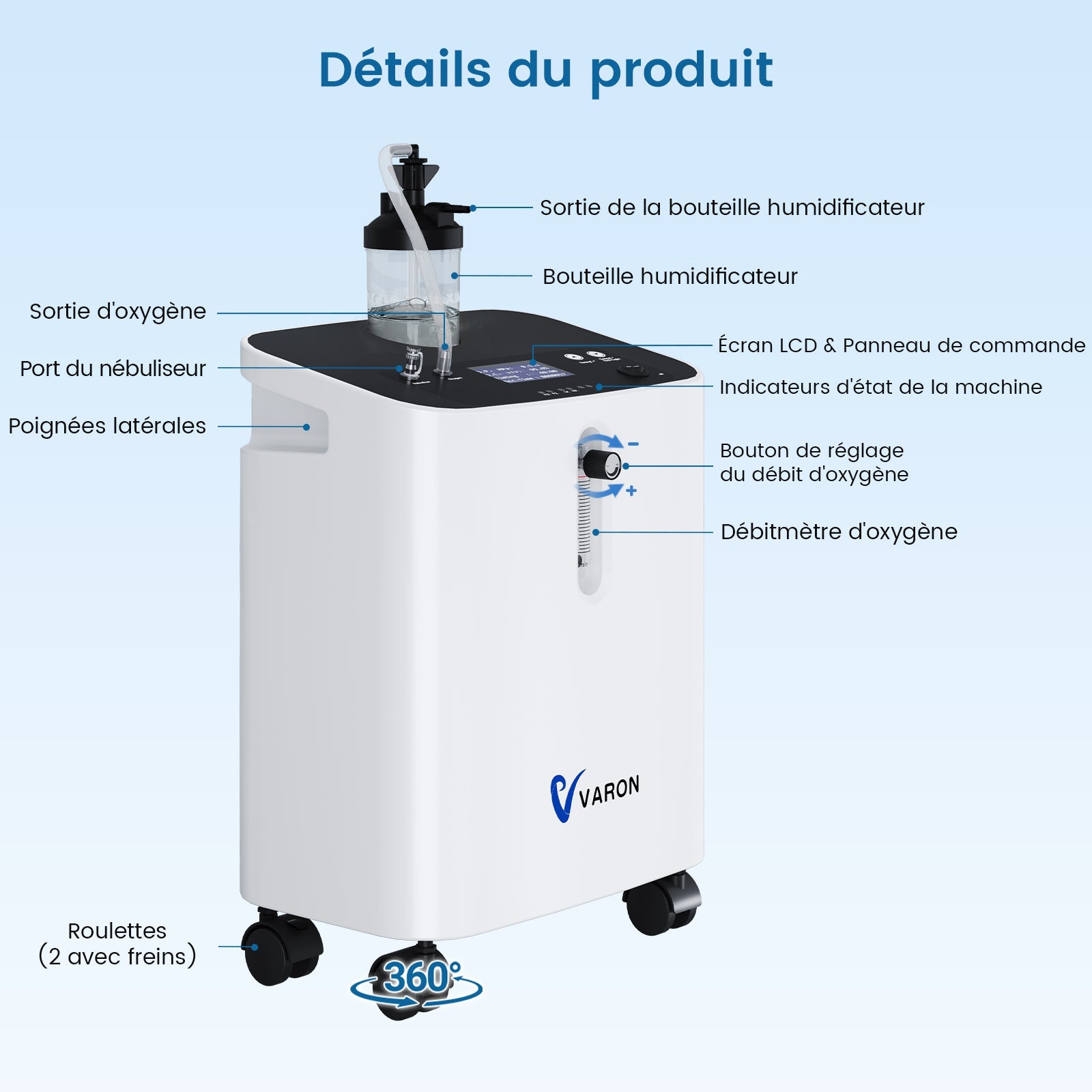 VARON VH-3 PRO Concentrateur d'oxygène à domicile | 10 Niveaux de Réglage, Thérapie Confortable, certifié CE VARON