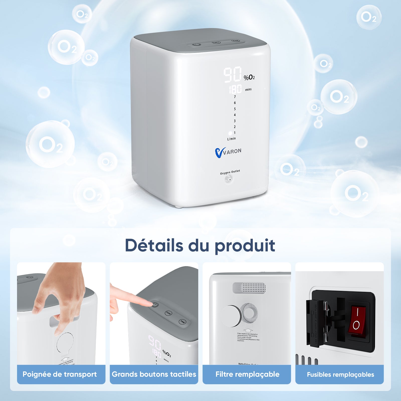 VARON VH-3 Concentrateur d'oxygène à domicile | 7 Niveaux de Réglage, Thérapie Confortable, certifié CE VARON