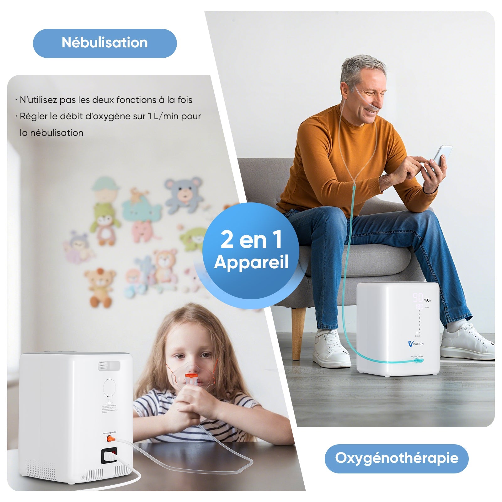 VARON VH-3 Concentrateur d'oxygène à domicile | 7 Niveaux de Réglage, Thérapie Confortable, certifié CE VARON