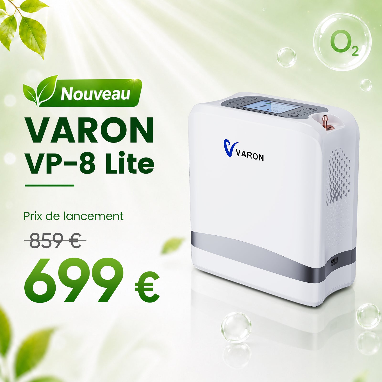 VARON VP-8 Lite | Concentrateur d’oxygène portable 2 kg à débit pulsé (1–7 niveaux) VARON-FR