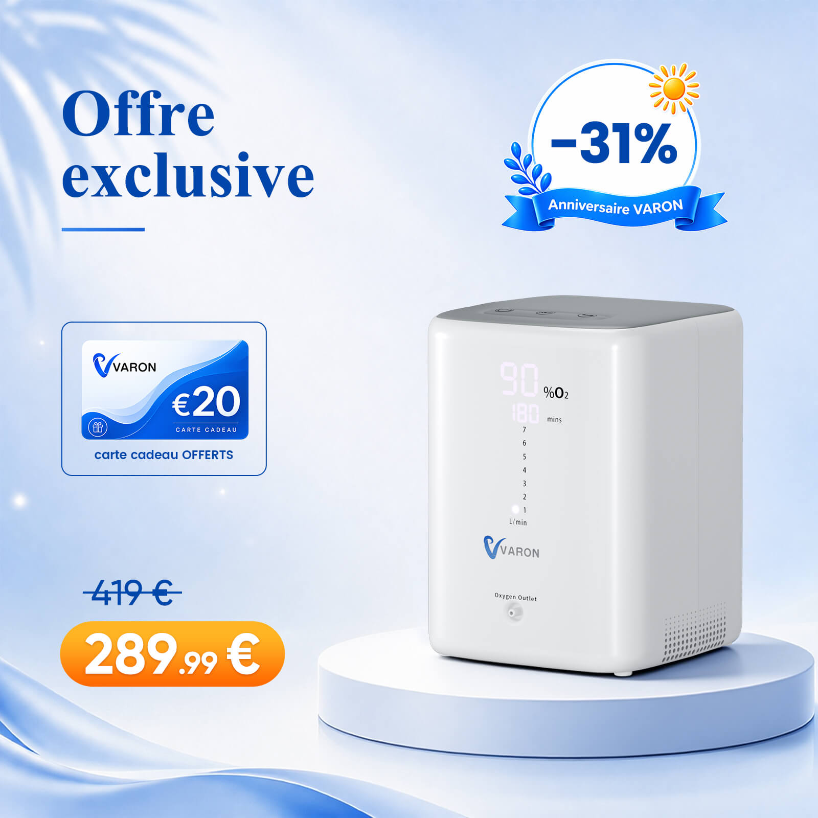 VARON VH-3 Concentrateur d'oxygène à domicile | 7 Niveaux de Réglage, Thérapie Confortable, certifié CE VARON