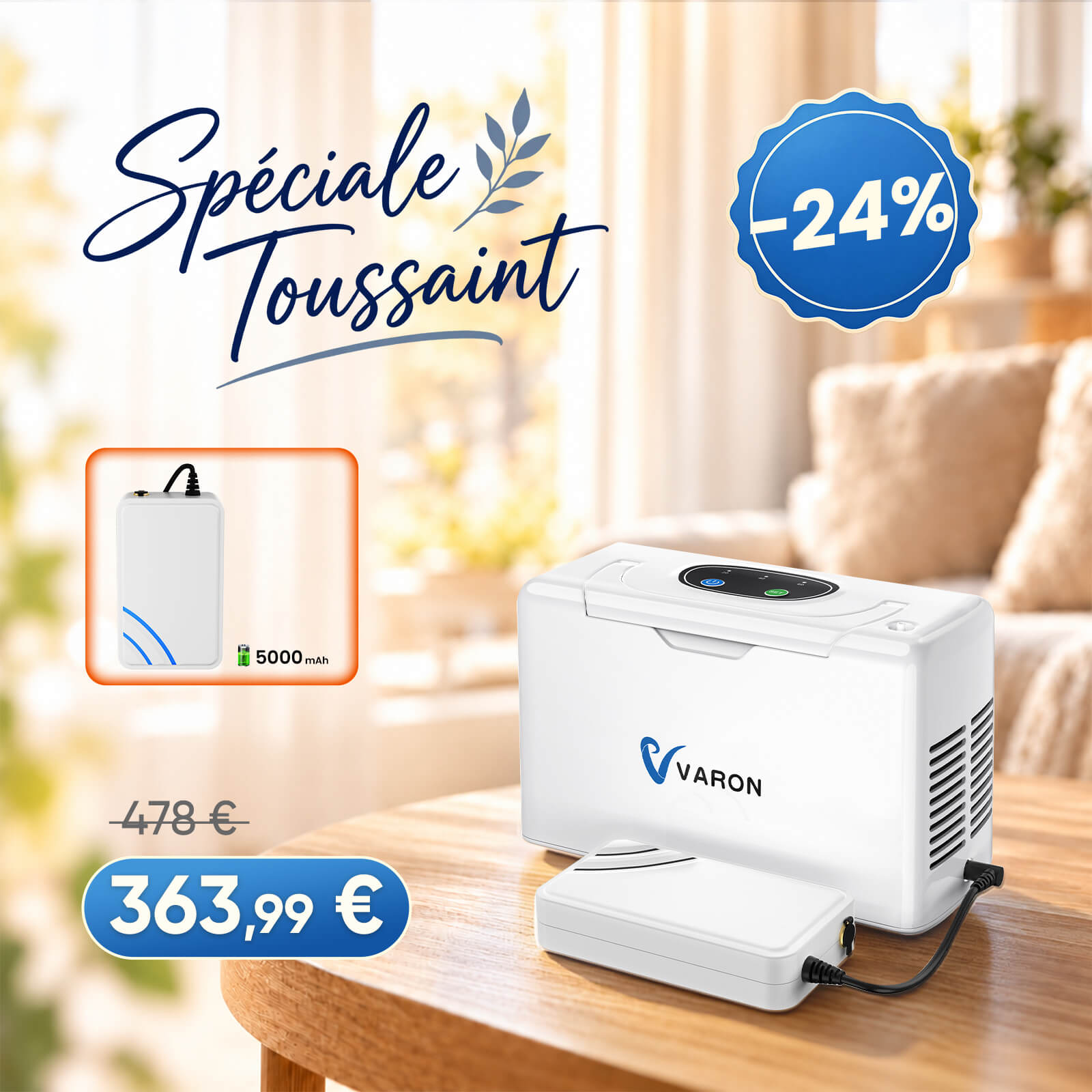VARON VL-2 Light Concentrateur d'oxygène portable continu 3L/min, certifié CE VARON