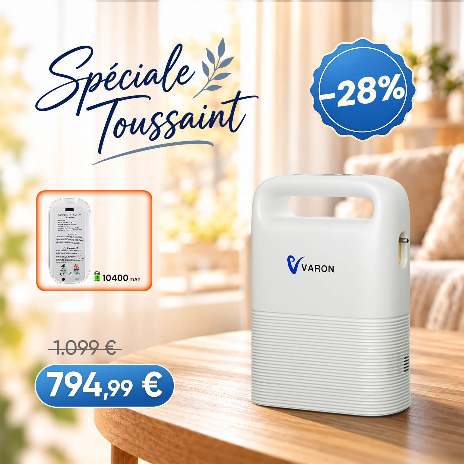 VARON VP-2 Pulse Concentrateur d'oxygène portable - 93% d'oxygène, batterie longue durée, certifié CE VARON-FR
