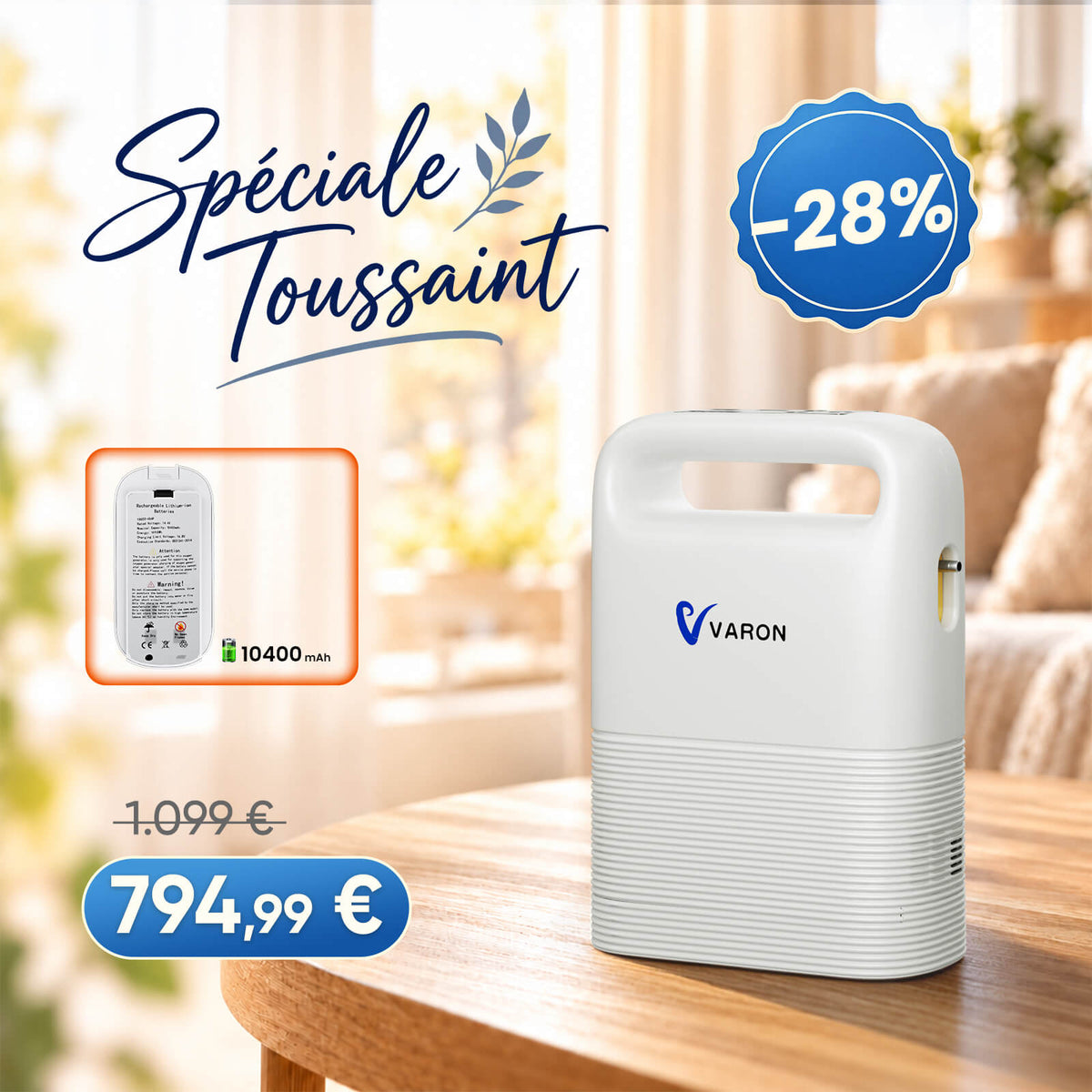 VARON VP-2 Pulse Concentrateur d'oxygène portable - 93% d'oxygène, batterie longue durée, certifié CE VARON-FR