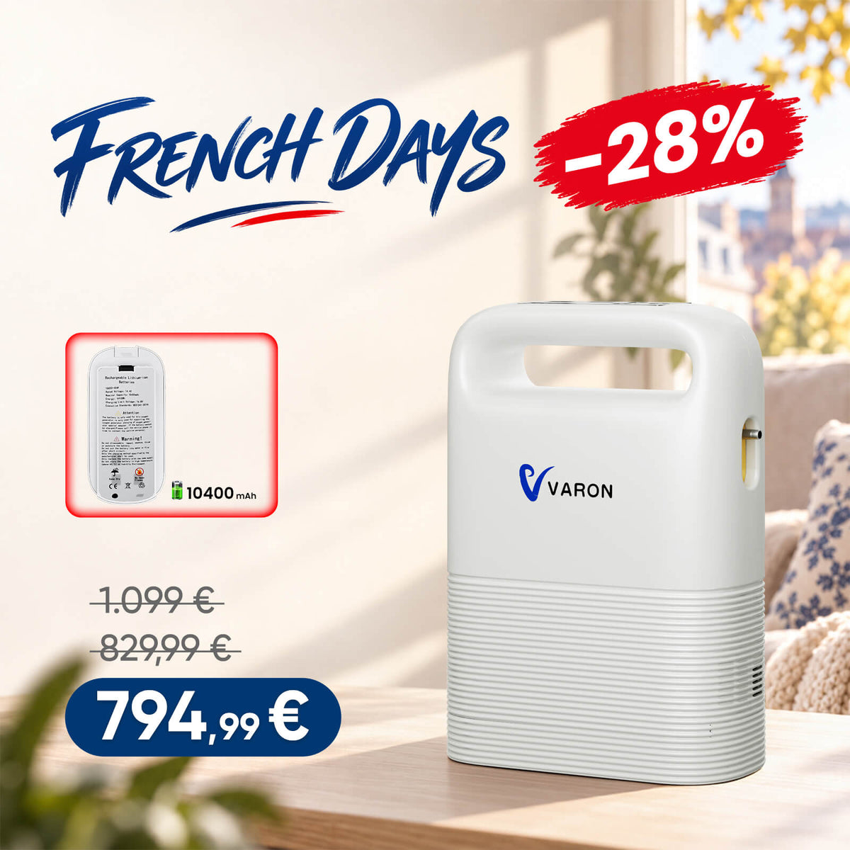 VARON VP-2 Pulse Concentrateur d'oxygène portable - 93% d'oxygène, batterie longue durée, certifié CE VARON-FR