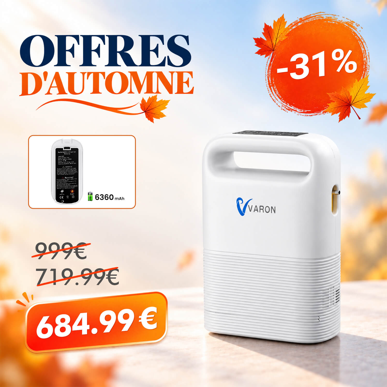 VARON VP-2 Pulse Concentrateur d'oxygène portable - 93% d'oxygène, batterie longue durée, certifié CE VARON-FR