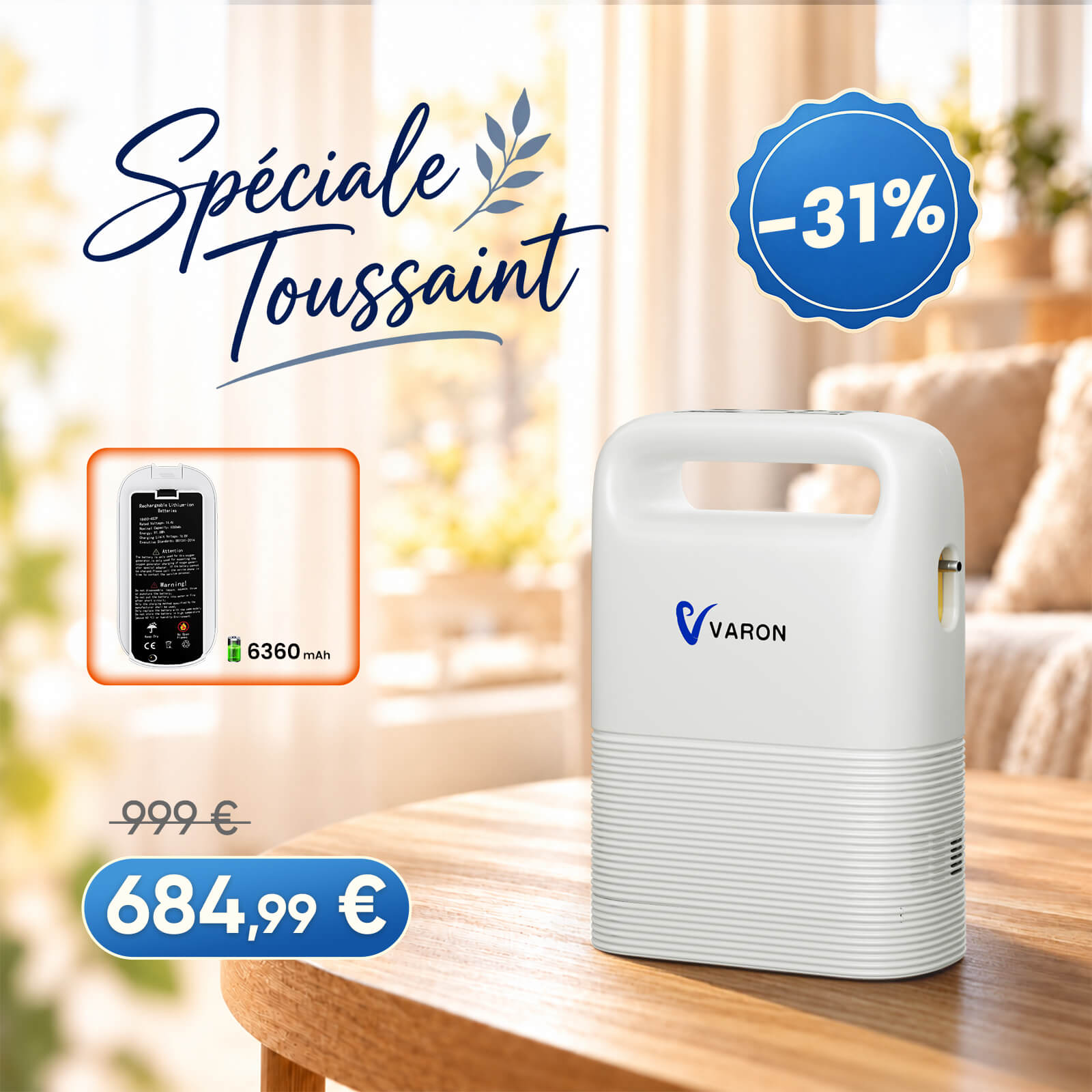 VARON VP-2 Pulse Concentrateur d'oxygène portable - 93% d'oxygène, batterie longue durée, certifié CE VARON-FR