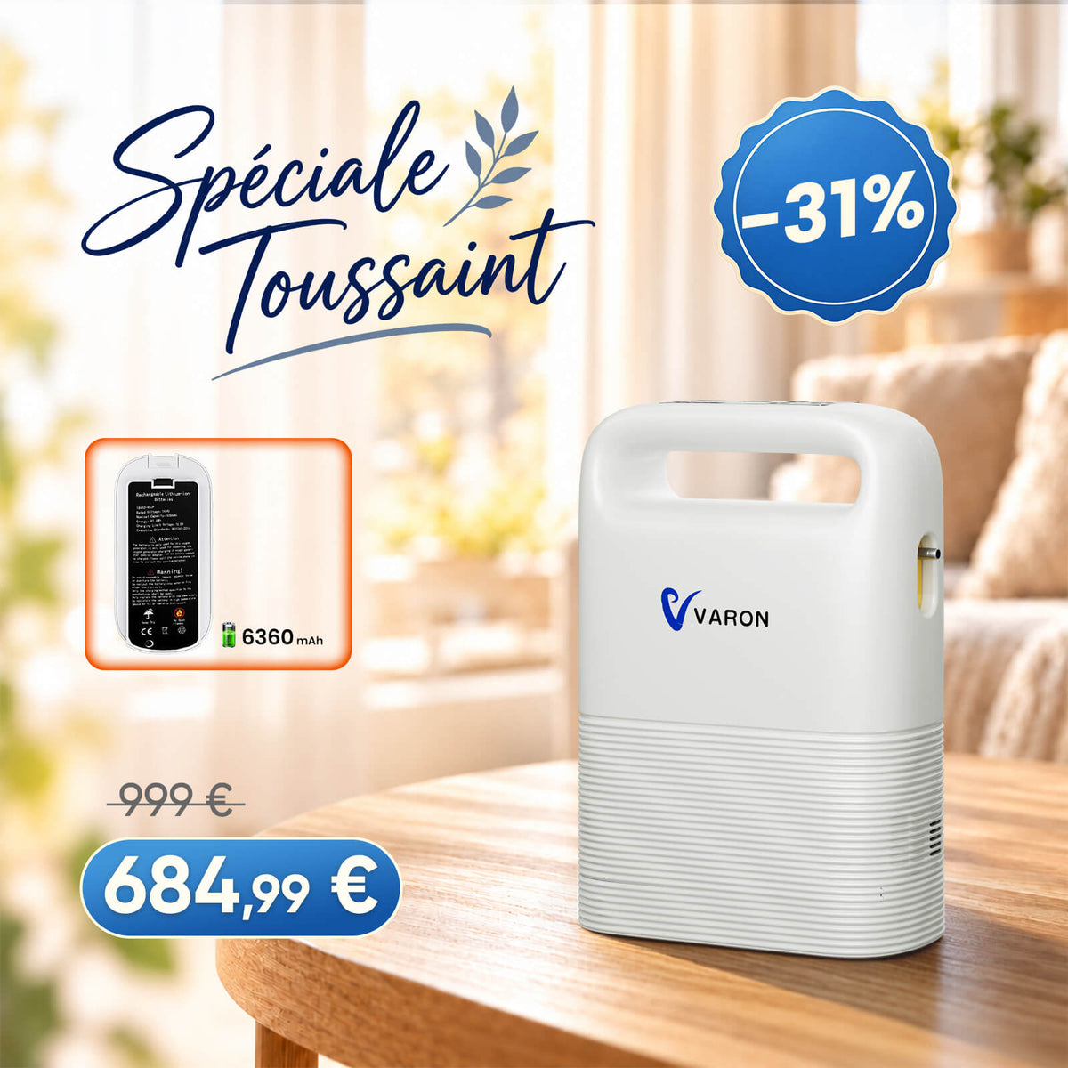VARON VP-2 Pulse Concentrateur d'oxygène portable - 93% d'oxygène, batterie longue durée, certifié CE VARON-FR