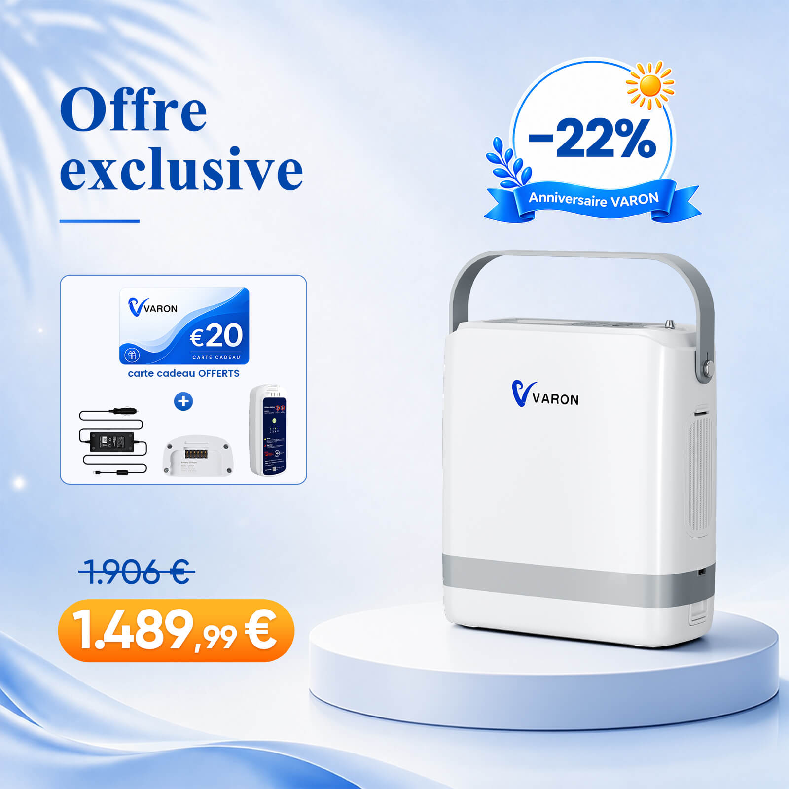 VARON VP-8G | Concentrateur d’oxygène portable pulsé - 93% Pureté - Autonomie Étendue VARON-FR