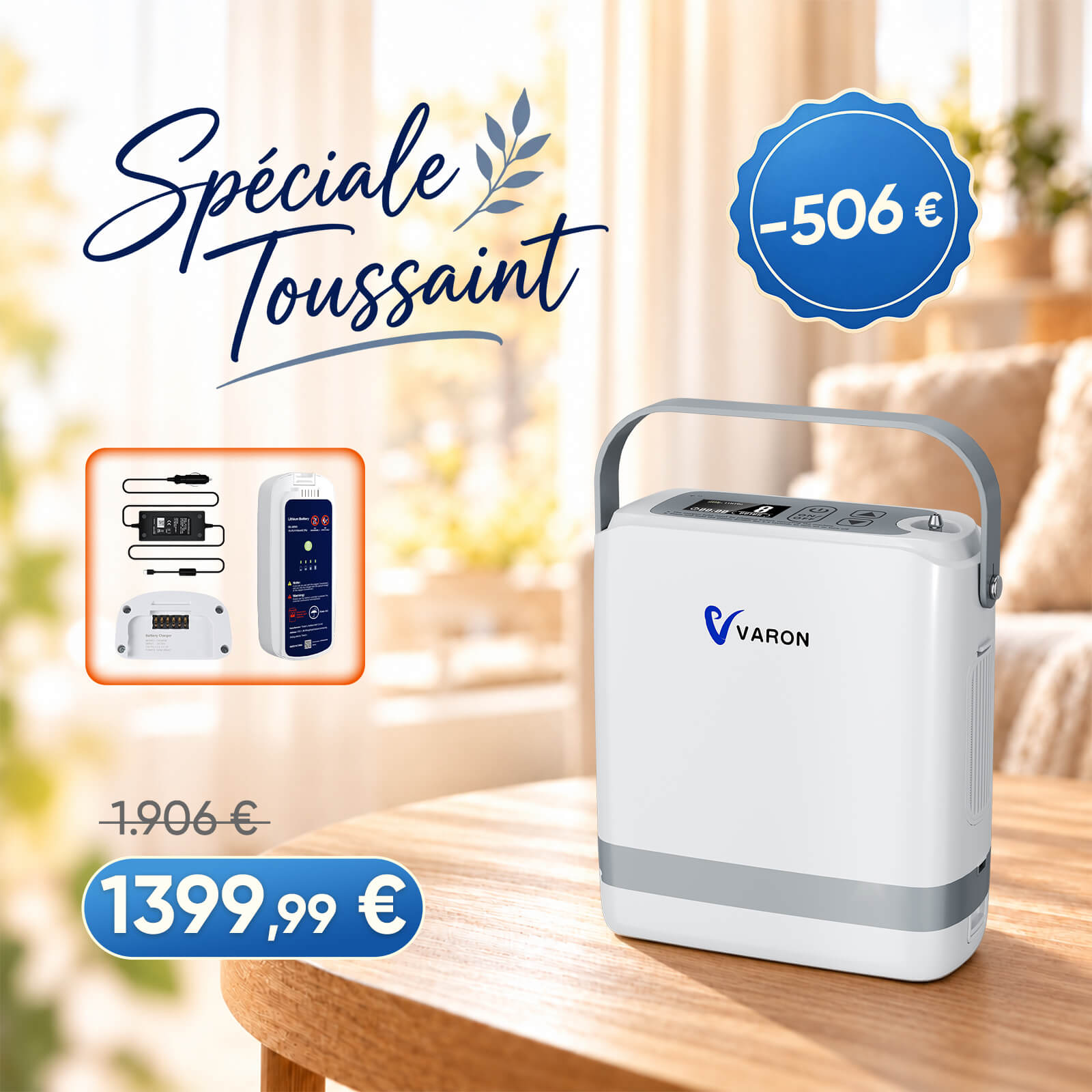 VARON VP-8G | Concentrateur d’oxygène portable pulsé - 93% Pureté - Autonomie Étendue VARON-FR
