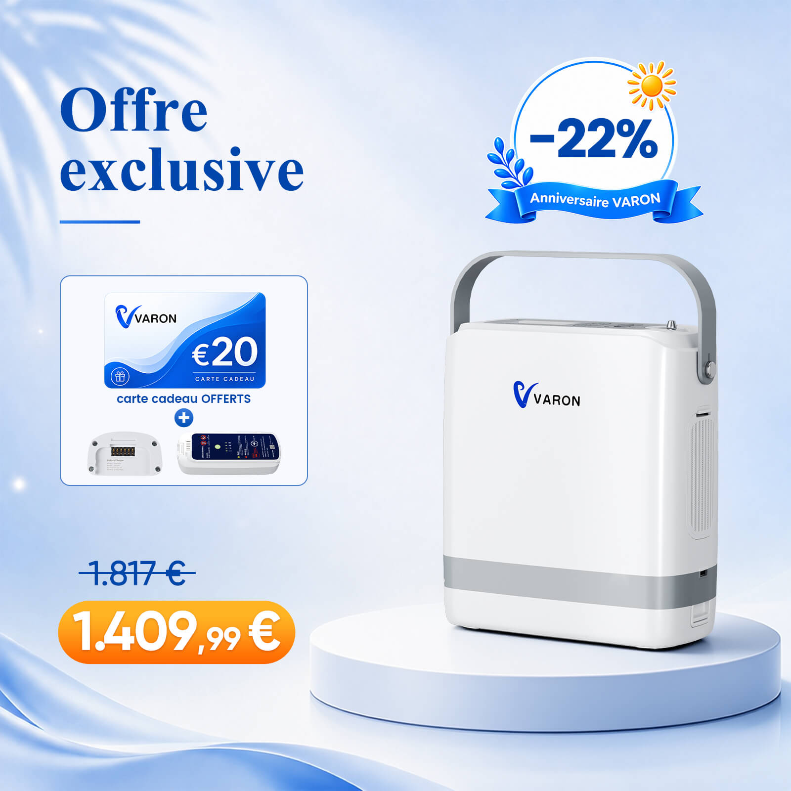 VARON VP-8G | Concentrateur d’oxygène portable pulsé - 93% Pureté - Autonomie Étendue VARON-FR