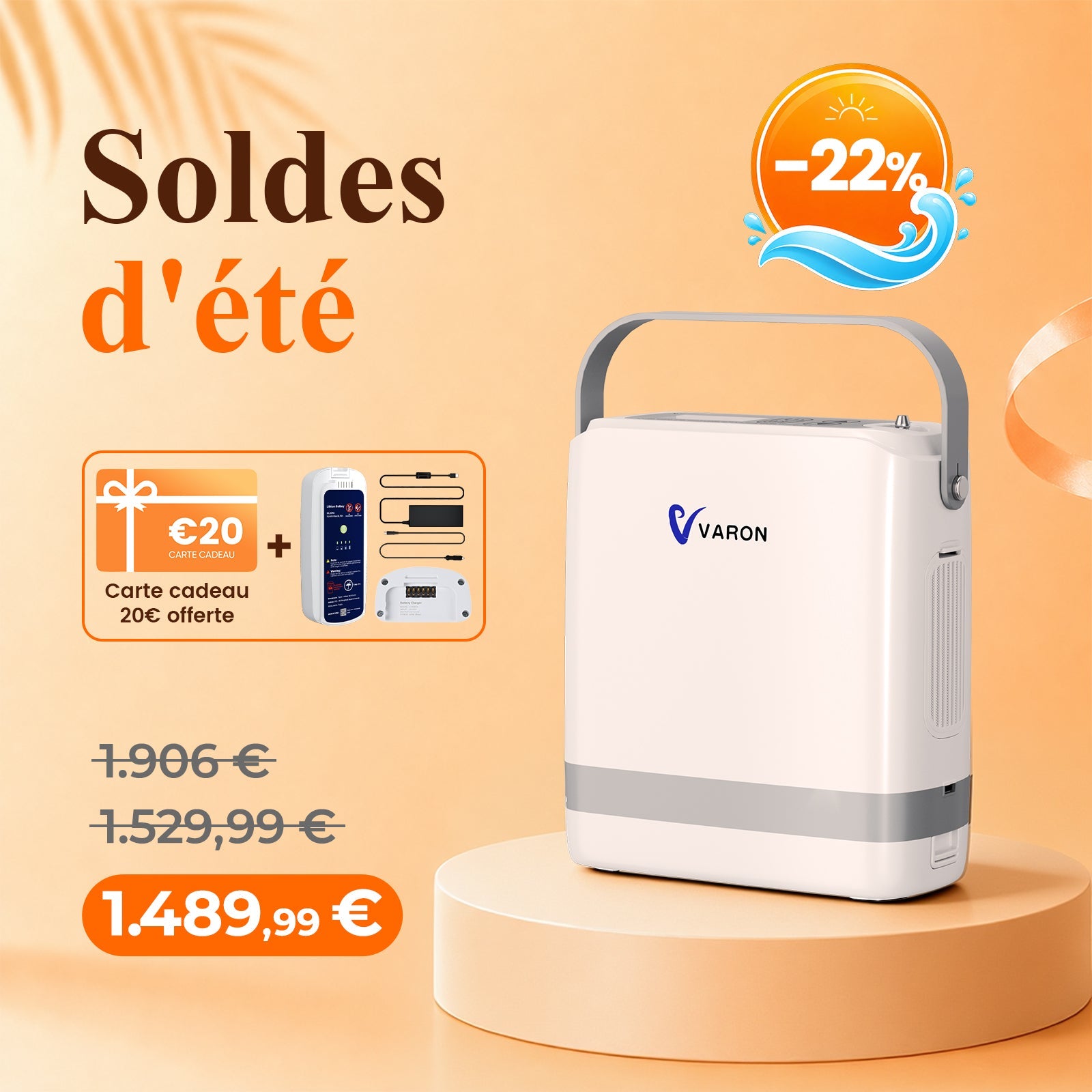 VARON VP-8G | Concentrateur d’oxygène portable pulsé - 93% Pureté - Autonomie Étendue VARON-FR
