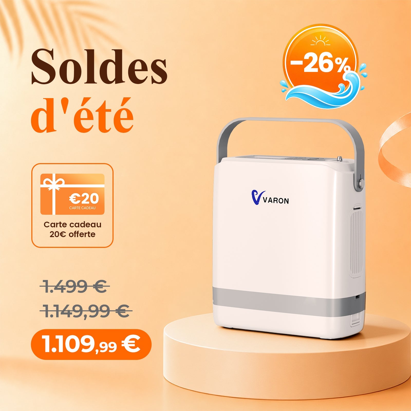 VARON VP-8G | Concentrateur d’oxygène portable pulsé - 93% Pureté - Autonomie Étendue VARON-FR